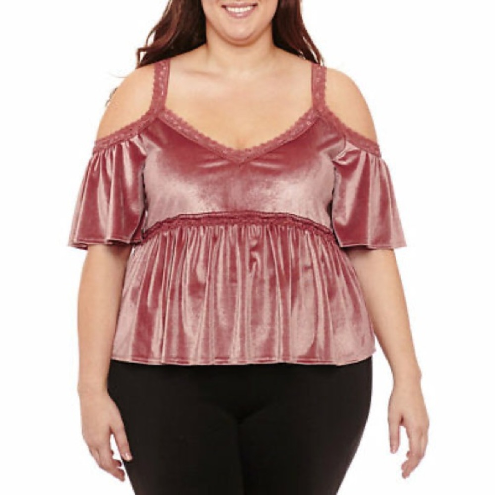 City Streets Womens Mauve Pink Velvet Cold Shoulder Top Plus Size 0X Lace Boho